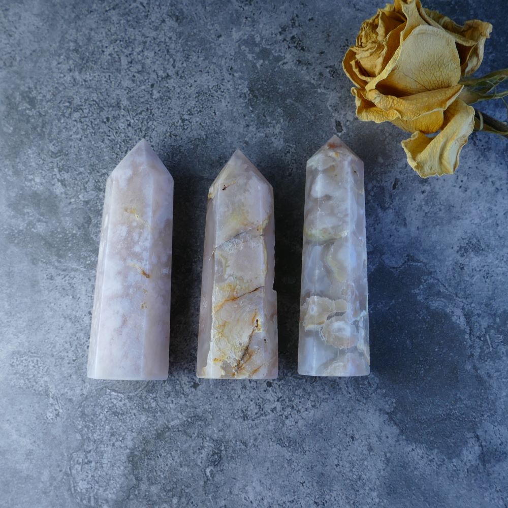 Crystal for Personal Growth (Flower Agate Tower): Dumi's Crystals (2 Sizes). Encourages self-discovery & new beginnings (Approx 6-8cm tall).