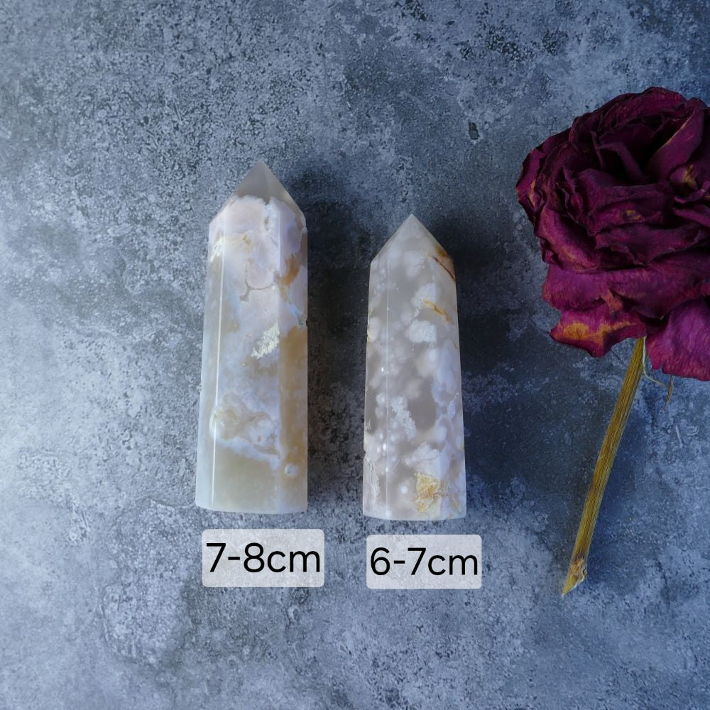 Home Decor for Inspiration (Flower Agate Tower): Dumi's Crystals (Unique Inclusions). Promotes artistic expression & emotional balance (Choose your tower).