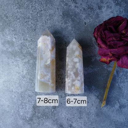Home Decor for Inspiration (Flower Agate Tower): Dumi's Crystals (Unique Inclusions). Promotes artistic expression & emotional balance (Choose your tower).
