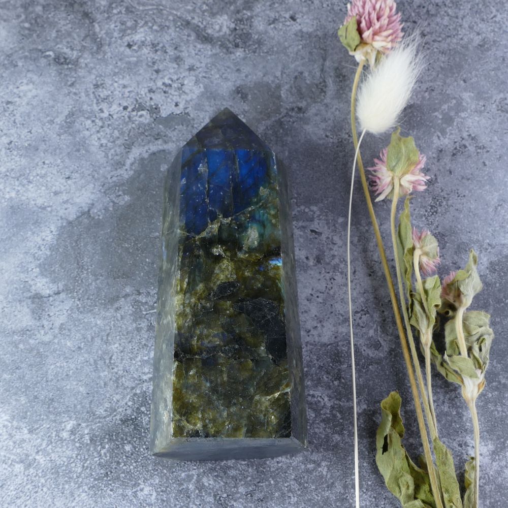 Inner Light & Transformation (Labradorite): Dumi's Crystals Tower (11cm). Awakens intuition & promotes growth. Each unique piece shimmers with magic.