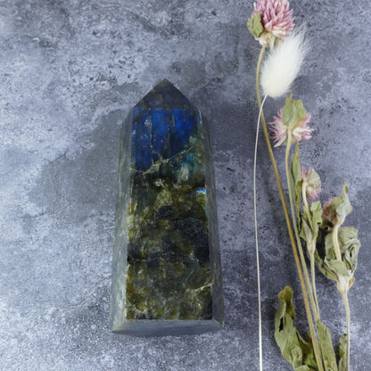 Inner Light & Transformation (Labradorite): Dumi's Crystals Tower (11cm). Awakens intuition & promotes growth. Each unique piece shimmers with magic.