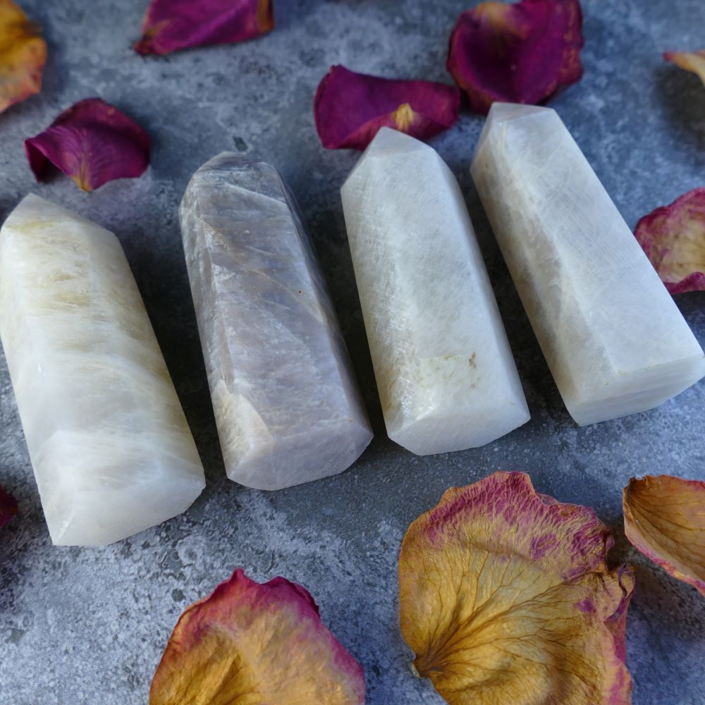 Polished Moonstone Crystal Tower - A beautiful tower crafted from natural moonstone, known for its calming energy and ability to enhance intuition and creativity.  