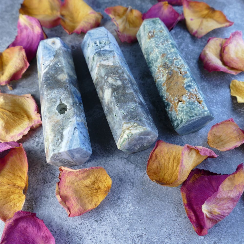 Calming Ocean Jasper Tower - This elegant tower features ocean-like patterns, believed to foster tranquility, reduce stress, and promote emotional well-being. 