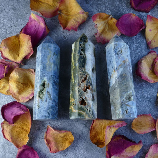 Ocean Jasper Tower - Dumi's Crystals - Captivating tower with swirling patterns resembling the ocean. Promotes peace, optimism, and self-acceptance. 