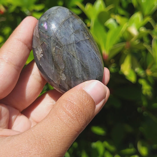 video showing the labradorescence of a labradorite palm stone