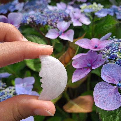 Dumi's Crystals Rose Quartz Moon Face Carving (34x20x8mm): Bathed in love's gentle light, this celestial charm promotes peace, healing & self-love. 