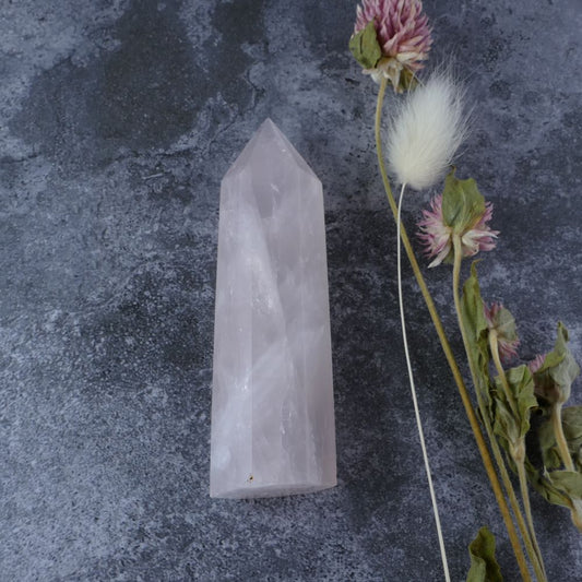 Dumi's Crystals Imperfect Rose Quartz Tower (9cm x 2.4cm x 2.6cm, Sold As-Is). Love & self-acceptance. Unique beauty, full energy.