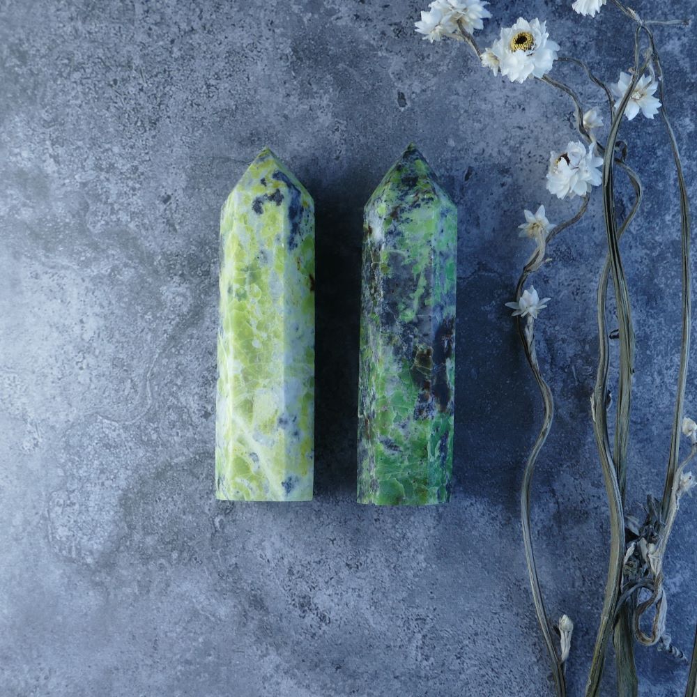 Serpentine Crystal Towers - Enhance your space with the powerful energy of Serpentine. These towers are believed to promote grounding, emotional balance, and personal transformation. 