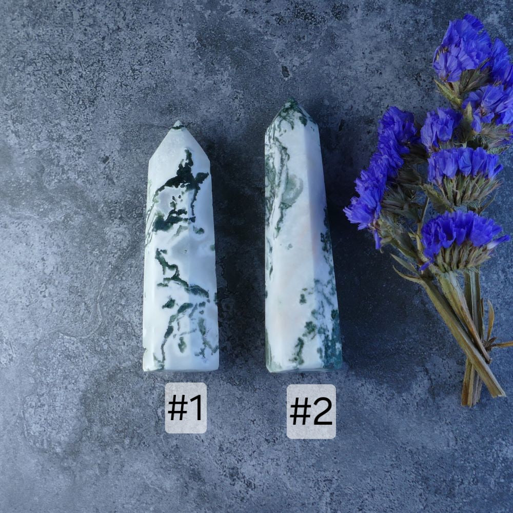 Earthy Tree Agate Tower - This elegant tower features moss-like inclusions, believed to strengthen connection to the earth, promote personal growth, and foster abundance.