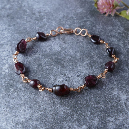 Handcrafted Red Garnet Bracelet with Rose Gold Wire Wrapping | DUMI'S CRYSTALS