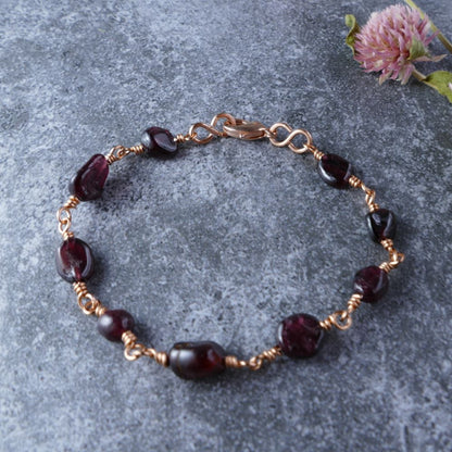 Handcrafted Red Garnet Bracelet with Rose Gold Wire Wrapping | DUMI'S CRYSTALS