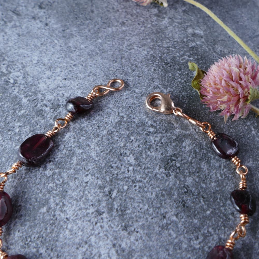 Handcrafted Red Garnet Bracelet with Rose Gold Wire Wrapping | DUMI'S CRYSTALS