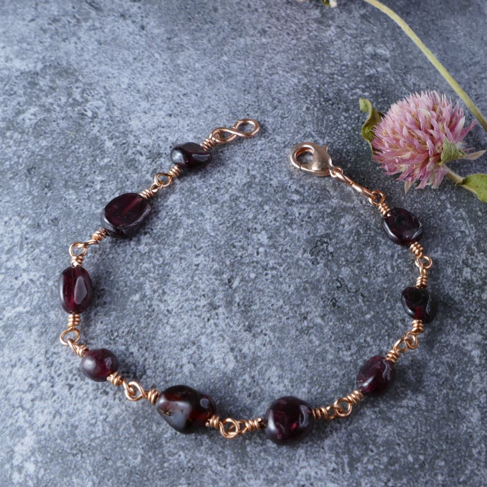 Handcrafted Red Garnet Bracelet with Rose Gold Wire Wrapping | DUMI'S CRYSTALS