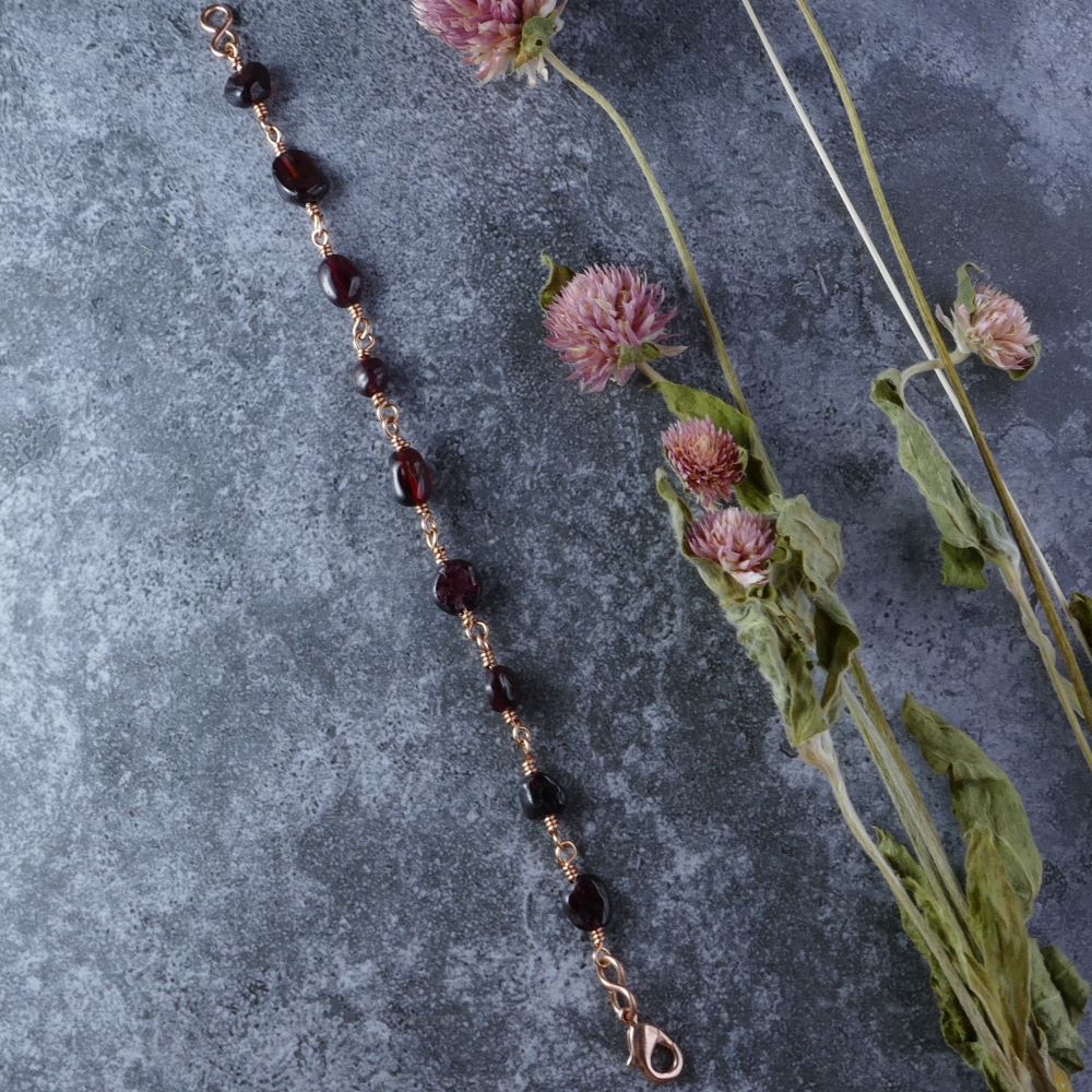 Handcrafted Red Garnet Bracelet with Rose Gold Wire Wrapping | DUMI'S CRYSTALS