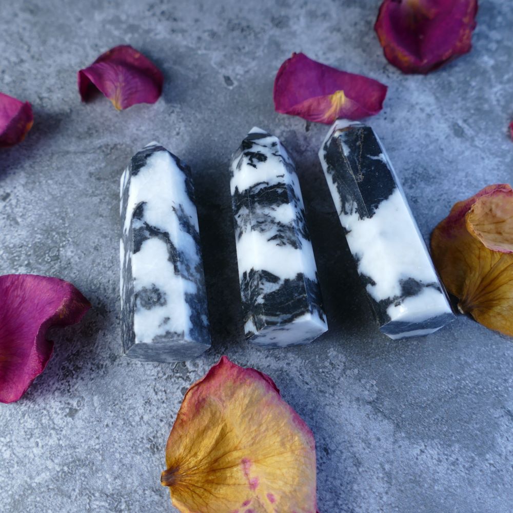 Striped Zebra Jasper Towers - A mesmerizing trio featuring the bold black and white patterns of Zebra Jasper. Ideal for meditation, crystal healing, or adding a touch of earthy beauty to your home. 