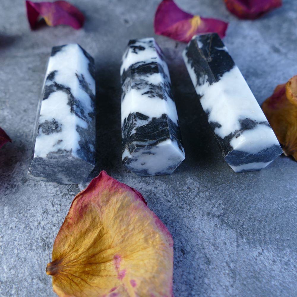 Unique Zebra Jasper Tower Collection - Each tower boasts one-of-a-kind black and white stripes, symbolizing balance and grounding. A perfect gift set for crystal enthusiasts. 