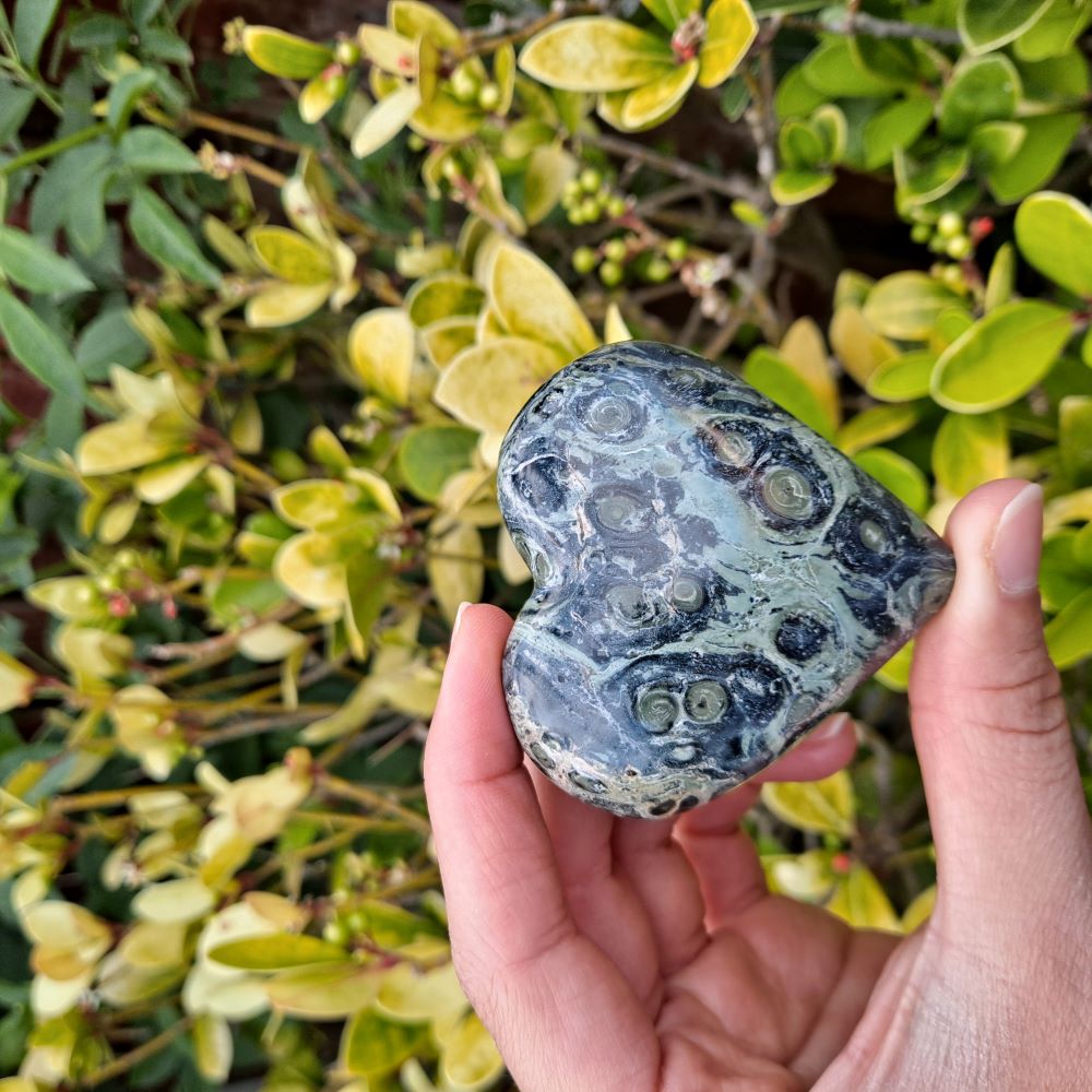 Dumi's Crystals | Kambaba Jasper Heart Carving (Grounding & Peace): A captivating close-up of a Kambaba Jasper Heart Carving, showcasing its mesmerizing green hues and orbicular patterns. This "Supreme Nurturer" promotes grounding tranquility & emotional balance. Embrace peace & connection with Dumi's Crystals (ethically sourced).