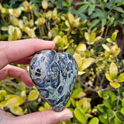 Dumi's Crystals | Kambaba Jasper Heart Carving (Renewal & Growth):  A stunning Kambaba Jasper Heart Carving, a symbol of renewal and growth. Rich green hues & orbicular patterns connect you to the earth's energy. Dissolve negativity & embrace life's cycles with grace. Dumi's Crystals - Ethically sourced crystals.