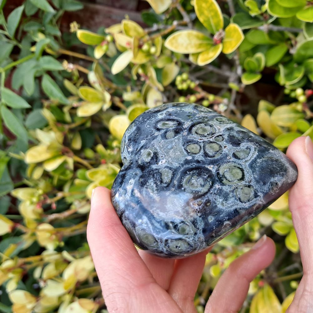 Dumi's Crystals | Large Kambaba Jasper Heart Carving (Earthy Embrace):  Embrace the grounding energy of a large Kambaba Jasper Heart Carving. Hand-crafted to showcase its natural beauty, this impressive heart fosters emotional well-being, spiritual growth & a deep connection to the earth. Dumi's Crystals - Ethically sourced crystals for your journey.