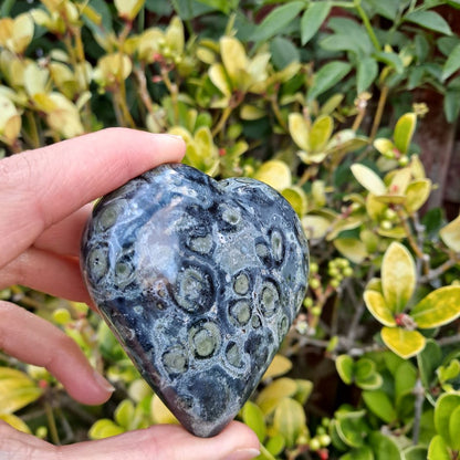 Dumi's Crystals | Large Kambaba Jasper Heart Carving (Earthy Embrace):  Embrace the grounding energy of a large Kambaba Jasper Heart Carving. Hand-crafted to showcase its natural beauty, this impressive heart fosters emotional well-being, spiritual growth & a deep connection to the earth. Dumi's Crystals - Ethically sourced crystals for your journey.