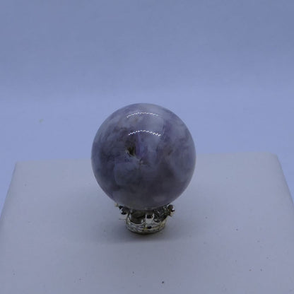 purple dream amethyst mini sphere on a crown stand and white background, seller is dumi's crystals