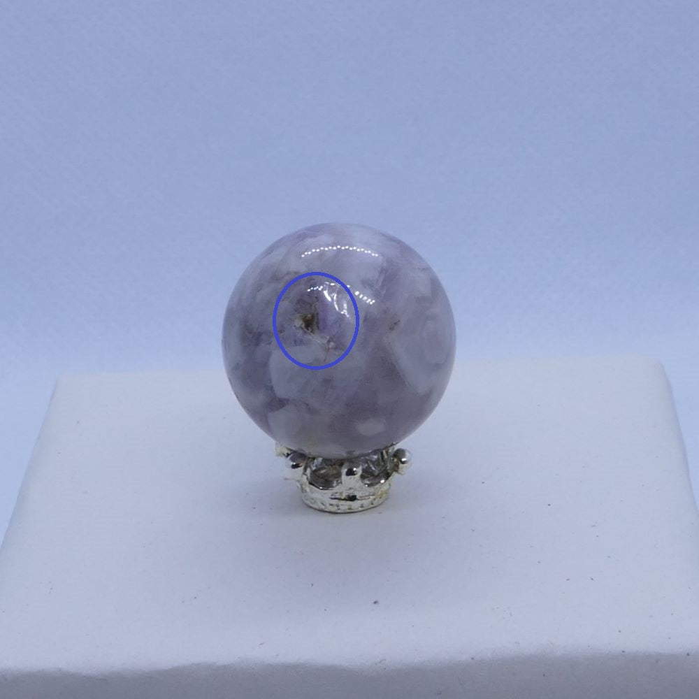 purple dream amethyst mini sphere on a crown stand and white background, seller is dumi's crystals