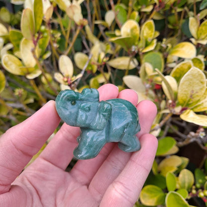 Dumi's Crystals | Green Aventurine Elephant Carving (Empowering Aura):  A captivating close-up of a Green Aventurine Elephant Carving, showcasing its intricate details and mesmerizing green hues. Hand-carved from Green Aventurine, this symbol of strength & prosperity radiates empowering energy. Embrace abundance & emotional balance with Dumi's Crystals.