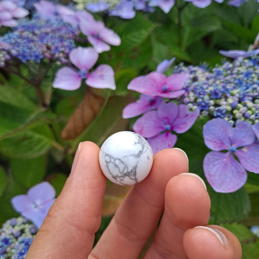  Dumi's Crystals | Howlite Mini Sphere (20mm) | A close-up view of a captivating Howlite Mini Sphere, showcasing its smooth, white surface with subtle marbling. This 20mm sphere, known as the "stone of calmness," is believed to promote peace, relaxation, and mental clarity. It's also thought to improve communication and foster deeper connections.