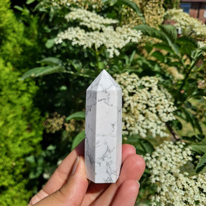 Find Your Inner Peace with Howlite Tower | Dumi's Crystals | This Howlite Tower (6-9cm) radiates calming energy. Howlite is thought to soothe anxieties, promote relaxation, and foster a deeper connection to your intuition.