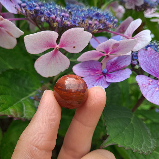 Dumi's Crystals | Red Jasper Mini Sphere (20mm) | A close-up view of a captivating Red Jasper Mini Sphere, showcasing its rich red color and smooth surface. This 20mm sphere is known as the Stone of Endurance, believed to promote grounding, stability, and inner fire. It's also thought to stimulate creativity and courage.