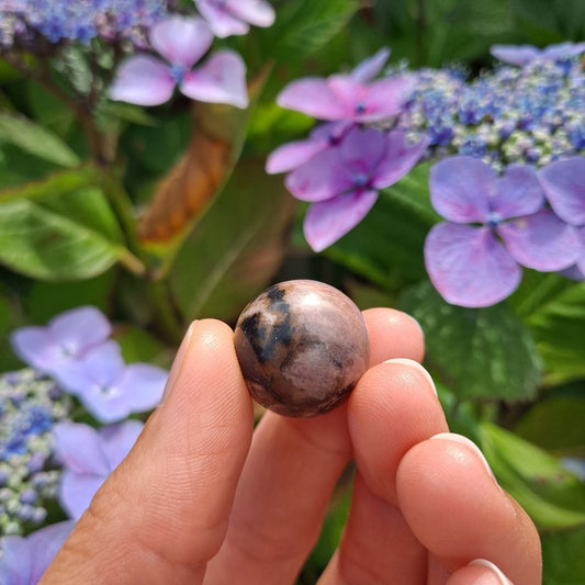 Dumi's Crystals | Rhodonite Mini Sphere (20mm) | A close-up view of a captivating Rhodonite Mini Sphere (20mm), showcasing its delicate pink hues and smooth surface. This stone, known as the Stone of Compassion, is believed to promote emotional balance, self-love, and forgiveness. It's also thought to strengthen relationships and guide you on a path of inner peace.