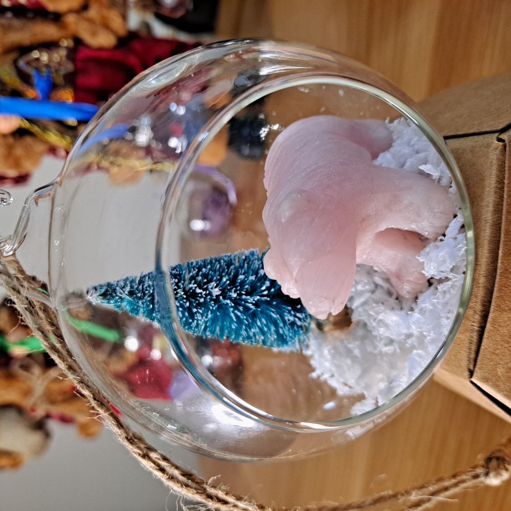 christmas landscape glass bauble with rose quartz bear and miniature christmas tree dumi's crystals