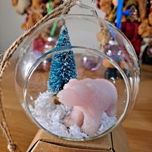 christmas landscape glass bauble with rose quartz bear and miniature christmas tree dumi's crystals