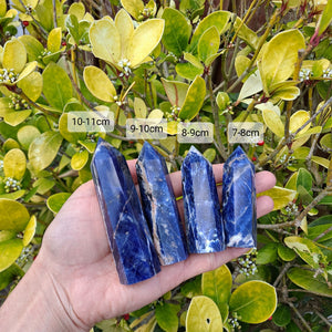 Dumi's Crystals | Sodalite Towers (7-11cm) | A collection of captivating Sodalite Towers (7-11cm) in various sizes (7-8cm, 8-9cm, 9-10cm, 10-11cm). Sodalite is believed to promote clarity, intuition, and inner peace. Choose the perfect size for your needs!