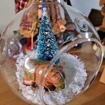 christmas landscape glass bauble with unakite bear, miniature christmas tree and artificial snow dumi's crystals