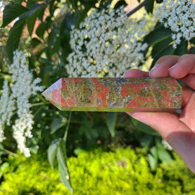 Unveil Harmony & Growth with Unakite Tower | Dumi's Crystals | This captivating Unakite Tower (8-10cm) radiates calming energy. Unakite is thought to foster emotional balance, spiritual awakening, and empower you to overcome challenges.